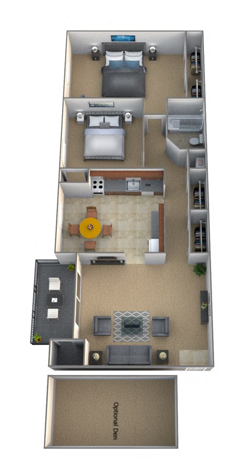 Floor plan for 2 beds, 1 bath, 953 sqft